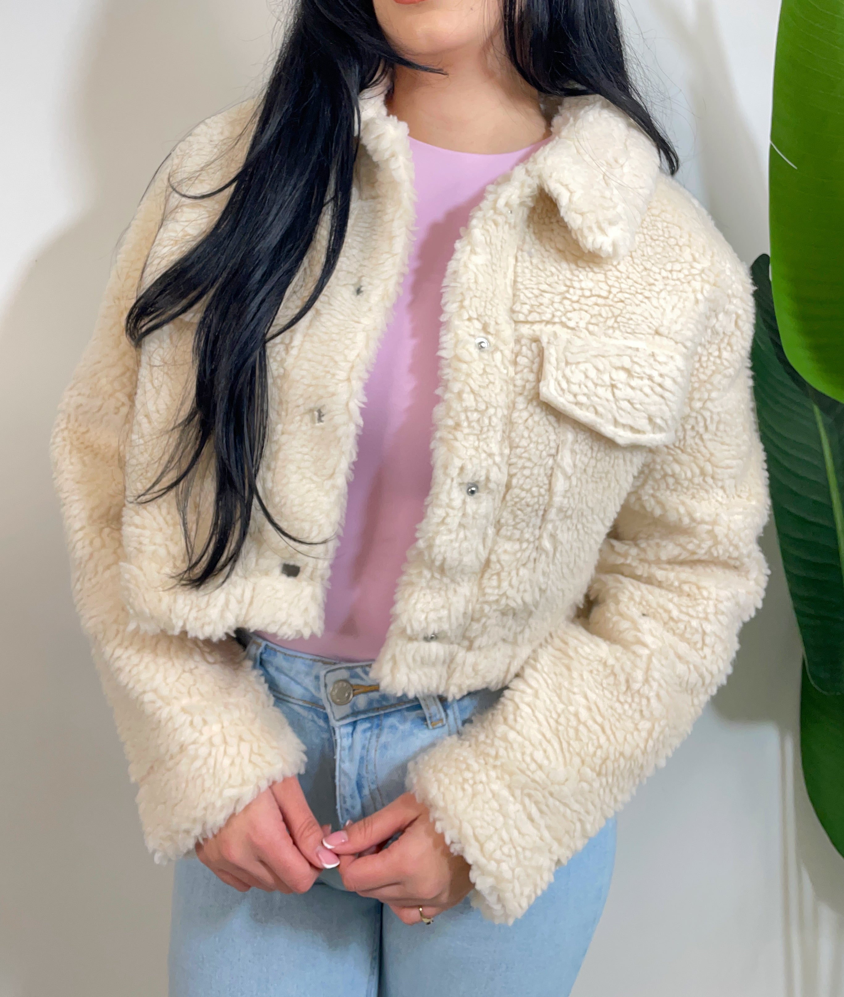 Cream cropped deals teddy jacket